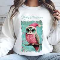 Pink Owl in Santa Hat Crewneck Sweatshirt, Aqua Blue and Pink Retro Christmas sweatshirt, Vintage Re