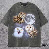 Three Owl Retro Graphic T-shirts, Vintage Owl Moon Tshirt, Owl Lovers, Funny Owl Tee, Oversized Wash