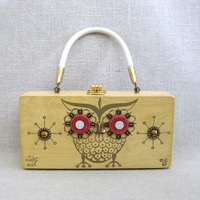 Vintage Mid-Century Handbag Enid Collins, Owl Box Purse, Wooden Painted Bejeweled Ladies Accessories