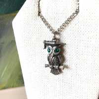 Graduate Owl Pendant Necklace Green Rhinestone Eyes Wearing Mortarboard Silver Chain Choker Necklace