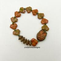 Fall Colors Owl, Maple Leaves, Trumpet Flowers, Czech Stretch Bracelet