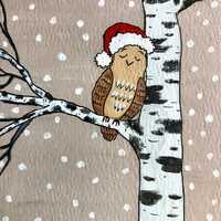 Sleeping Winter Owl, Owl and a Birch Tree, Christmas Painting, 4x6 Print, Owl in the Snow.