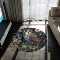 Owl Rug - William Morris Inspired Bird of Prey Carpet, Mid Century Modern Colors Animal Totem Mat wi