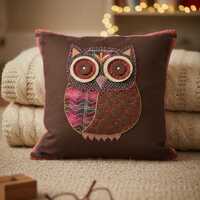 Owl Cushion Cover, Handmade Embroidered Owl Cushion Cover, Brown Cotton Pillow (45 cm)