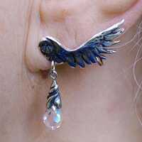 Dagg - Silver owl earrings with an opal glass drop