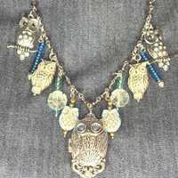 Aqua Owl Charm Pendant Necklace: Czech Glass Dangles, Vintage Vibe
