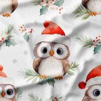 Adorable Owls in Santa Hats with Holly and Pine Branches on White Cotton Fabric by the Yard - Perfec
