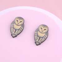 Handmade Barn Owl Stud Earrings: Wood Effect Acrylic Jewelry
