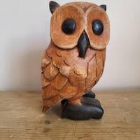 Solid Wooden Carved Owl with black painted features