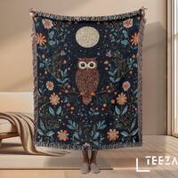 Owl Moon Woven Blanket: Celestial Stars Cotton Throw