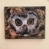 Owl Original Wall Art Acrylic Abstract Saw whet Owl Painting