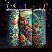 Owl and Moon Floral Fantasy 20oz Skinny Tumbler Wrap Digital Download PNG Mystical Wildlife Art for 