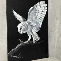 Barn Owl Oil Painting: Original Black and White Owl Art (27.5x19.6)