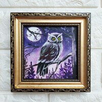 Framed Owl Painting: Original Oil Art, Gift for Friends, Wall Decor