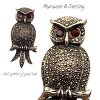 Vintage garnet eyes 925 sterling owl pin on branch  w/sparkling   marcasites - adorable figural owl 