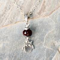 Owl Necklace, Garnet Necklace, Sterling Silver Necklace, Fall Necklace, Burgundy Necklace, Natural S