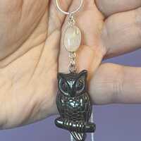 Hematite Owl Necklace, Moonstone Owl Necklace, silver crystal Owl Jewelry, moonstone owl Pendant, gr