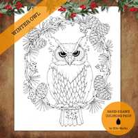 WINTER OWL Printable Coloring Page For Adults Instant Download Christmas Colouring Illustration by E