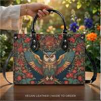 Folk Art Owl Purse: Dark Botanical Vegan Leather Handbag – Nature Lover Accessory