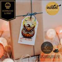 Printable Halloween Treat Bag Tag | Owl Pumpkin Design | Printable PDF Halloween Treat Tag | Trick o