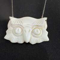 white pressed glass owl pendant,  necklace 68cm