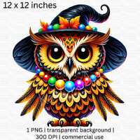 Whimsical Halloween Owl Clipart, Cute Bird with Witch Hat, Colorful Fall Decor, Magical Autumn Digit