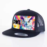 Wise Owl Trucker Hat - Black Flat Bill Mesh Snapback
