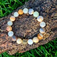 Onyx & Crazy Lace Agate Bracelet with Owl Charm, 10mm beads;  joy, vitality, grounding, focus