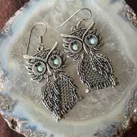 Silver Owl Earrings with Turquoise Stone Eyes