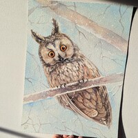 Owl in winter | Watercolor painting A3 size | Holiday decor | Christmas gift