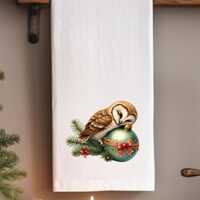 Cute Christmas Owl Flour Sack Towel - Festive Holiday Kitchen Decor - Sleepy Christmas Owl Tea Towel