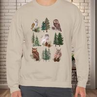 Woodland Owls Sweatshirt, Nature Lover Gift, Cottagecore sweater, Evergreen Trees Art, Unisex Pullov