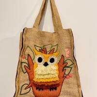 Vintage Jute Owl Shoulder Bag: Handmade Boho Purse