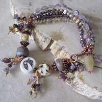 Owl Art Bead Bracelet with Natural Gemstones, Pearls, Lampwork Glass and Artisan Ceramic, Chunky Boh