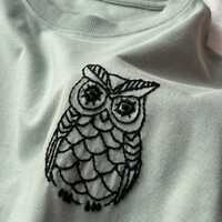 Hand Embroidered Owl T-Shirt, Pista Green Cotton, Unisex Tee