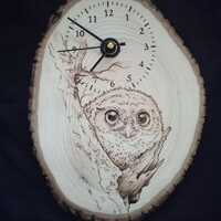 Little owl clock wood Burning, hand burned Art by Christopher W O'Leary