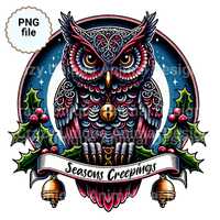 Victorian Owl with Gothic Holly & Bells - PNG Digital File