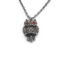 Owl Pendant Necklace Vintage Silver Tone, Marcasite & Red Rhinestones Owl Pendant, 18" Neck