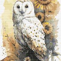 Cross stitch chart &ndash; a polar owl with sunflowers in watercolor style, PDF file design, instant