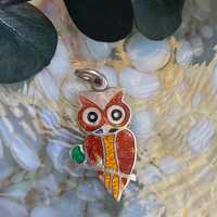 Vintage silver enamel owl charm. Halloween pendant with guilloche enamel.