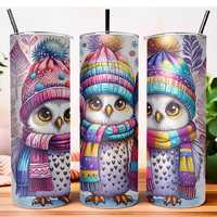 Winter Owls Tumbler Wrap - Adorable Owls in Colorful Hats and Scarves for 20 oz Tumbler