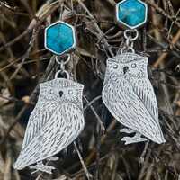 Sterling Silver Owl Earrings with Persian Turquoise Studs- wisdom - spooky- handmade