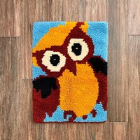 Vintage Latch Hook Shag Rug | Handmade Owl Tapestry