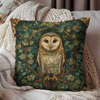 Woodland Owl Square Pillow, Cottagecore Forest Decor, William Morris Inspired Cushion, Home Decor Ac