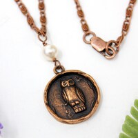 Ancient Owl Coin Necklace - antiqued copper wax seal style pendant - bird themed charm - on an antiq