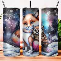 Winter Fox and Owl Tumbler Wrap - Cozy Woodland Friends in Snowy Forest for 20 oz Tumbler