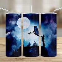 Blue Moon Night Owl 20oz Seamless Skinny Tumbler Sublimation Wrap Design PNG, Nature Wilderness Wild