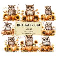 Owl Pumpkin Sunflower Halloween Clipart, Whimsical Owl Halloween Clipart, Halloween Clipart, Baby Sh