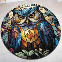 Owl Round Rug, Owl Patterned Area Rug, Stained Circle Carpet, Owl Printed Carpet, Living Room Area R