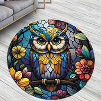 Owl Round Rug, Owl Patterned Area Rug, Stained Circle Carpet, Owl Printed Carpet, Living Room Area R